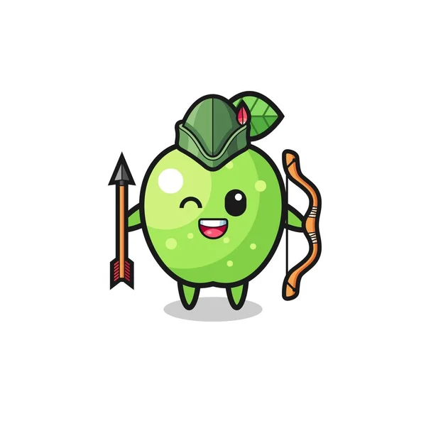Green Apple Cartoon Medieval Archer Mascot Cute Design — Stock Vector