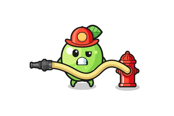 Green Apple Cartoon Firefighter Mascot Water Hose Cute Design — 图库矢量图片