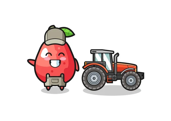 那个站在拖拉机旁边的水果农吉祥物 可爱的设计 — 图库矢量图片