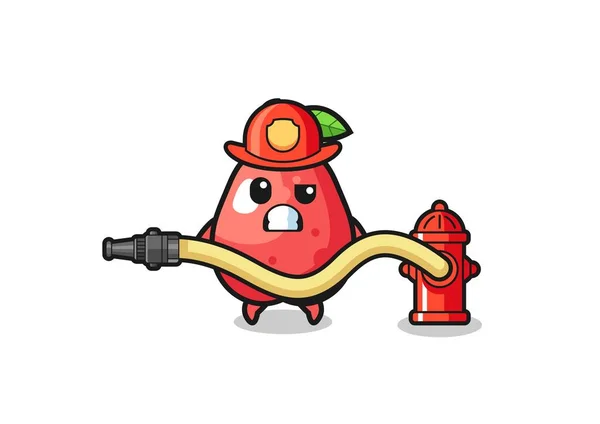 Water Apple Cartoon Firefighter Mascot Water Hose Cute Design —  Vetores de Stock