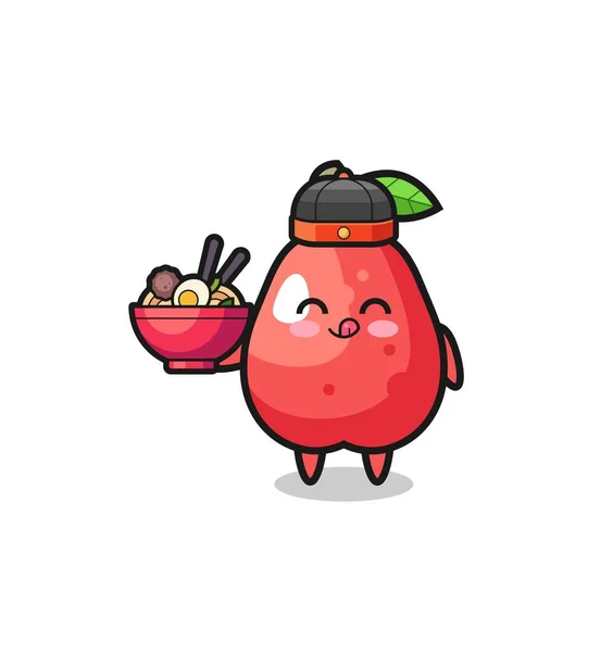 Water Apple Chinese Chef Mascot Holding Noodle Bowl Cute Design — Wektor stockowy