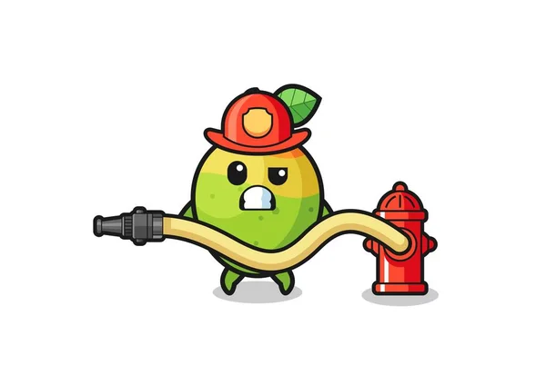 Mango Cartoon Firefighter Mascot Water Hose Cute Design —  Vetores de Stock