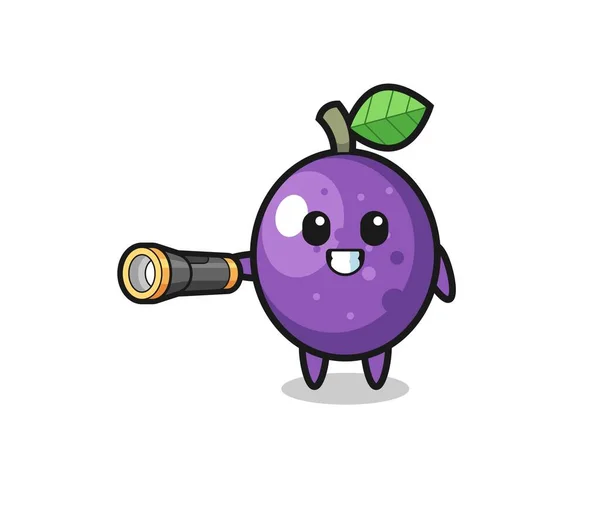 Passion Fruit Mascot Holding Flashlight Cute Design - Stok Vektor