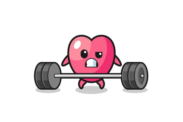 Cartoon Heart Symbol Lifting Barbell Cute Design — Stok Vektör