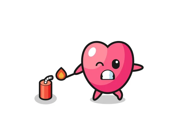 Heart Symbol Mascot Illustration Playing Firecracker Cute Design — стоковый вектор