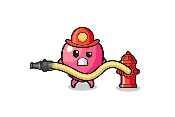 Heart Symbol Cartoon Firefighter Mascot Water Hose Cute Design —  Vetores de Stock