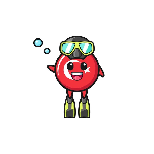 Turkey Flag Diver Cartoon Character Cute Design — Stockový vektor