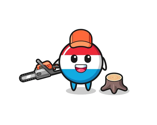 Luxembourg Lumberjack Character Holding Chainsaw Cute Design — 스톡 벡터
