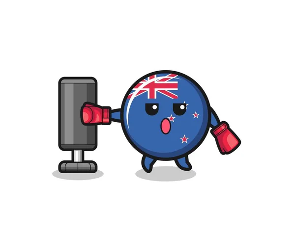 Nuevo Zealand Boxer Dibujos Animados Haciendo Entrenamiento Con Saco Boxeo — Archivo Imágenes Vectoriales