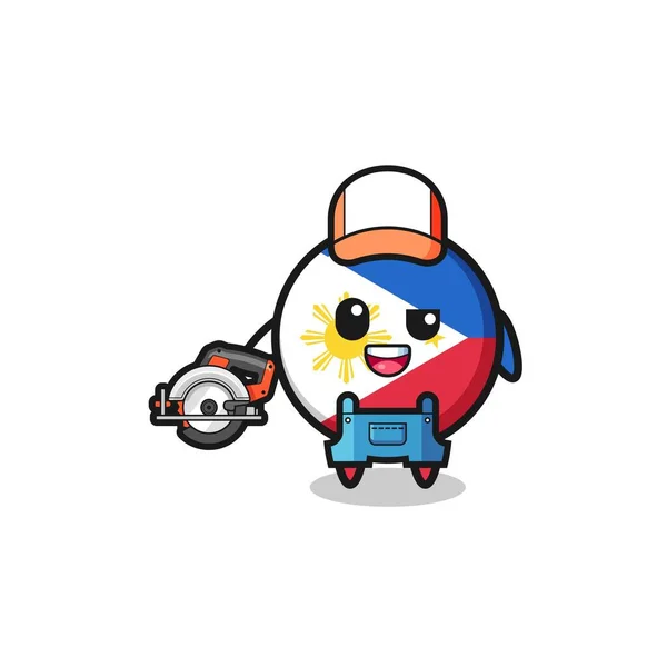 Woodworker Philippines Flag Mascot Holding Circular Saw Cute Design — Stock vektor