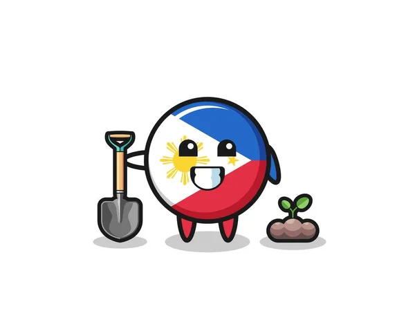 Cute Philippines Flag Cartoon Planting Tree Seed Cute Design — Vetor de Stock