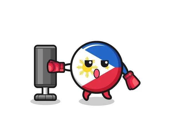 Philippines Flag Boxer Cartoon Doing Training Punching Bag Cute Design — Image vectorielle