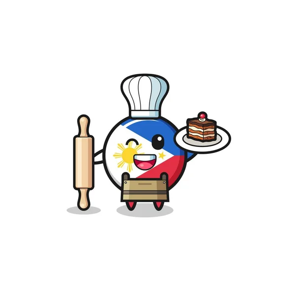 Philippines Flag Pastry Chef Mascot Hold Rolling Pin Cute Design — стоковый вектор