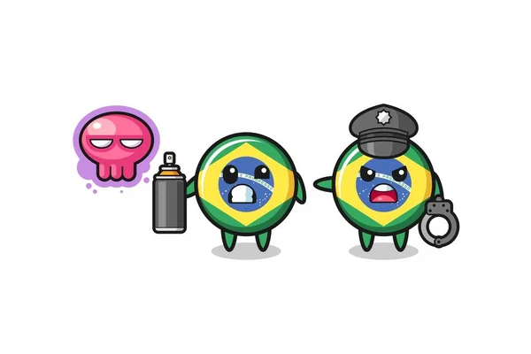 Brazil Flag Cartoon Doing Vandalism Caught Police Cute Design — Archivo Imágenes Vectoriales