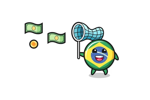 Illustration Brazil Flag Catching Flying Money Cute Design — Stock Vector