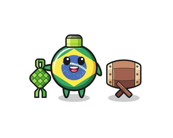 Brazil Flag Muslim Character Celebrating Eid Fitr Cute Design — Stockvektor