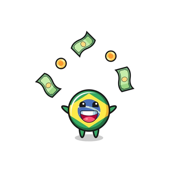 Illustration Brazil Flag Catching Money Falling Sky Cute Design — Stock vektor