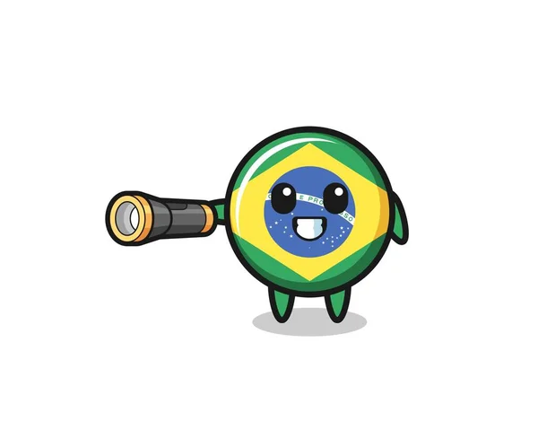 Mascotte Drapeau Brésilien Tenant Lampe Poche Design Mignon — Image vectorielle