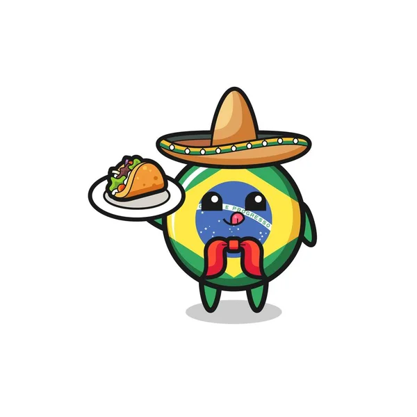 Brazil Flag Mexican Chef Mascot Holding Taco Cute Design — Vettoriale Stock