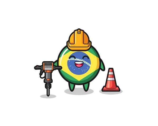 Road Worker Mascot Brazil Flag Holding Drill Machine Cute Design — Stock Vector