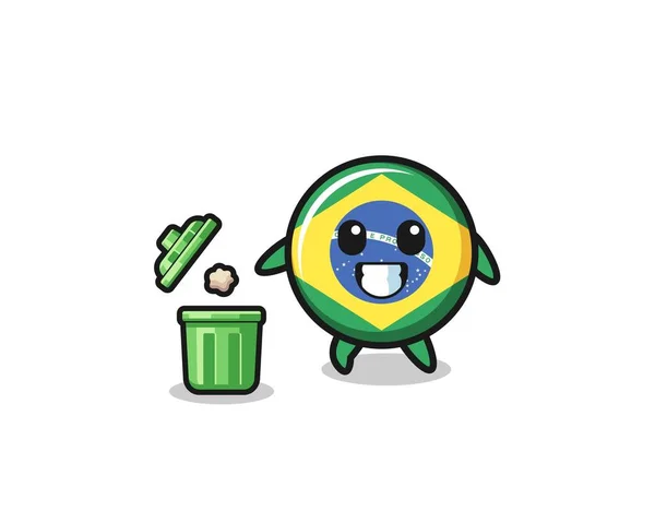 Illustration Brazil Flag Throwing Garbage Trash Can Cute Design — Vetor de Stock