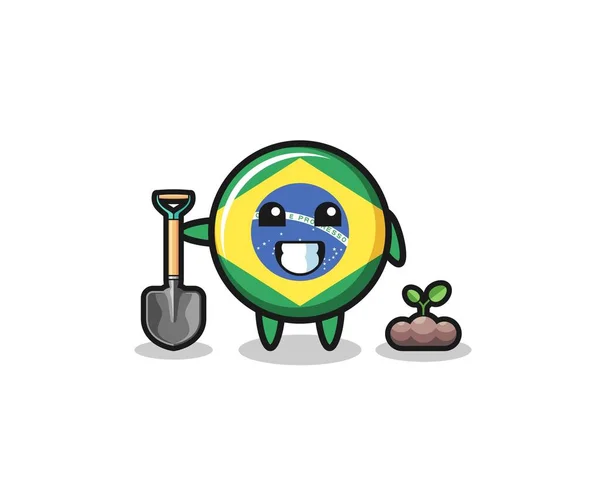 Cute Brazil Flag Cartoon Planting Tree Seed Cute Design — Archivo Imágenes Vectoriales