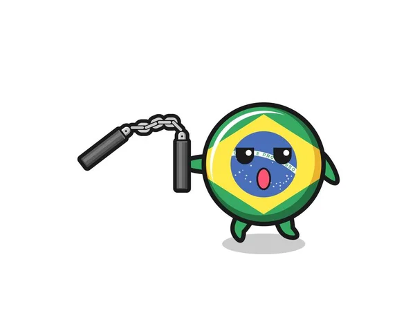 Cartoon Brazil Flag Using Nunchaku Cute Design — Vector de stock