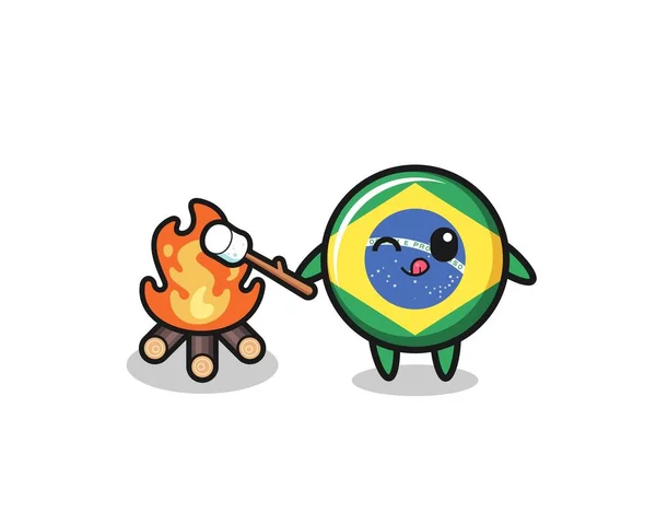 Brazil Flag Character Burning Marshmallow Cute Design — Stock vektor