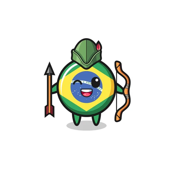 Brazil Flag Cartoon Medieval Archer Mascot Cute Design — Stockvektor