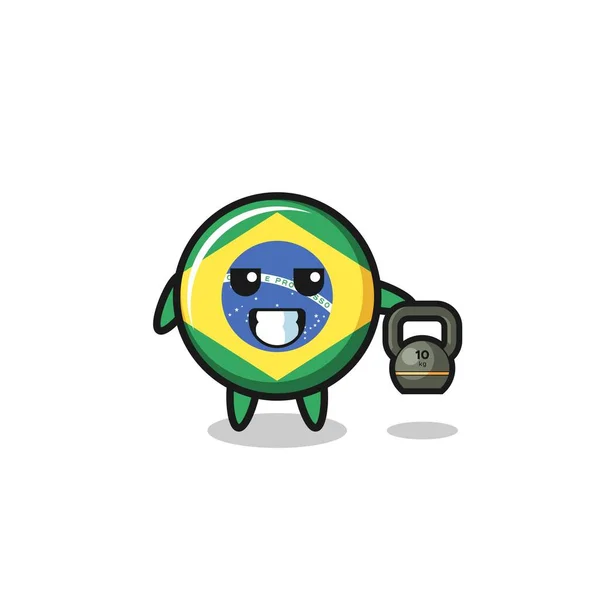 Brazil Flag Mascot Lifting Kettlebell Gym Cute Design — Stock vektor