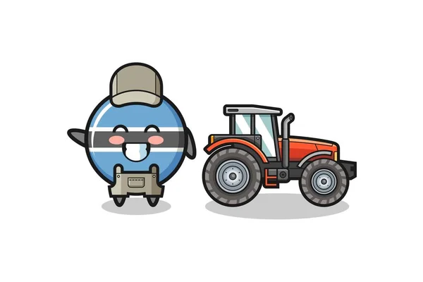 站在拖拉机旁边的印有博茨瓦纳国旗的农民吉祥物 可爱的图案 — 图库矢量图片