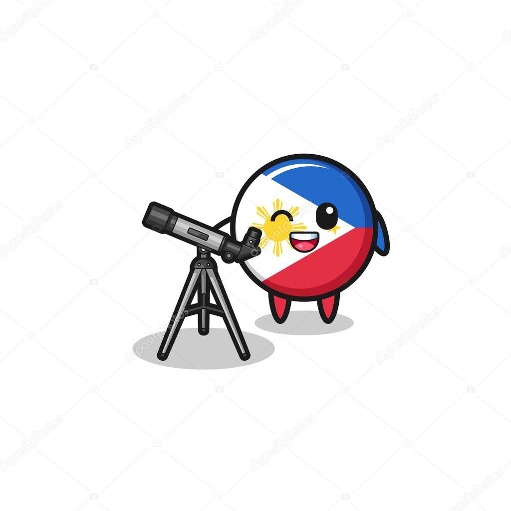 philippines flag astronomer mascot with a modern telescope , cute design