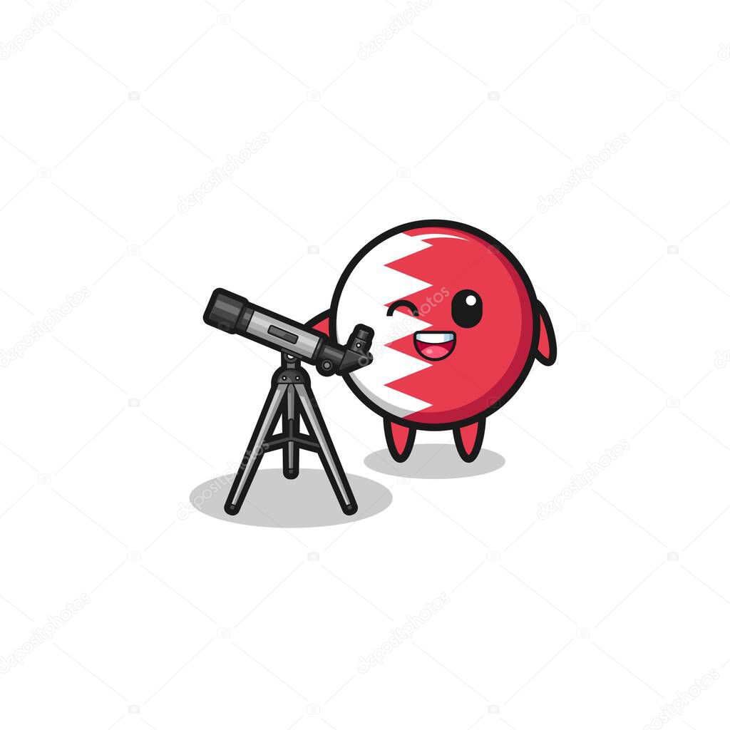 bahrain flag astronomer mascot with a modern telescope , cute design