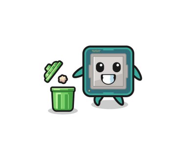 illustration of the processor throwing garbage in the trash can , cute design