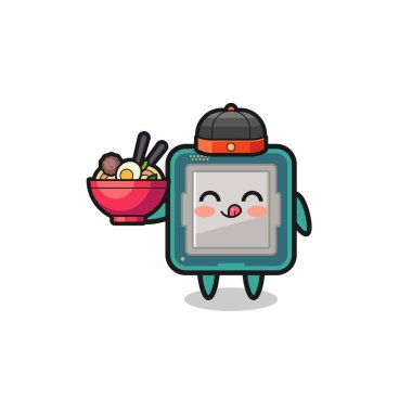 processor as Chinese chef mascot holding a noodle bowl , cute design
