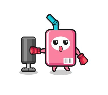 milk box boxer cartoon doing training with punching bag , cute design