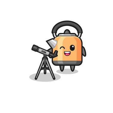 kettle astronomer mascot with a modern telescope , cute design