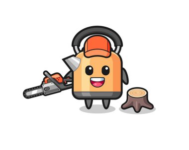 kettle lumberjack character holding a chainsaw , cute design