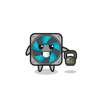 computer fan mascot lifting kettlebell in the gym , cute design