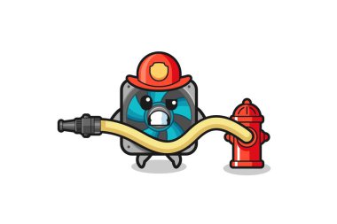 computer fan cartoon as firefighter mascot with water hose , cute design