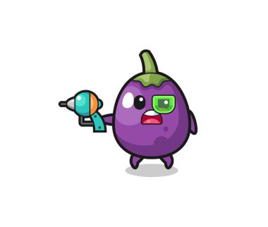 cute eggplant holding a future gun , cute design