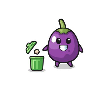 illustration of the eggplant throwing garbage in the trash can , cute design