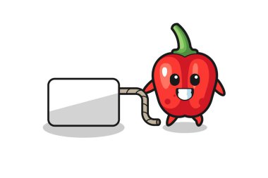 red bell pepper cartoon is pulling a banner , cute design