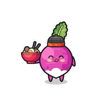 turnip as Chinese chef mascot holding a noodle bowl , cute design