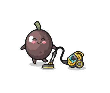 cute black olive holding vacuum cleaner illustration , cute design