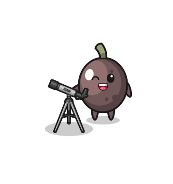 black olive astronomer mascot with a modern telescope , cute design