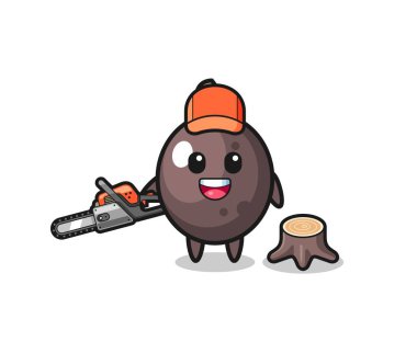 black olive lumberjack character holding a chainsaw , cute design