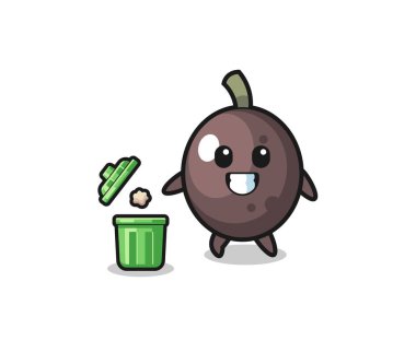 illustration of the black olive throwing garbage in the trash can , cute design