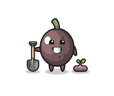 cute black olive cartoon is planting a tree seed , cute design