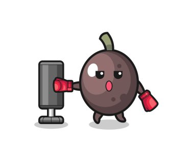 black olive boxer cartoon doing training with punching bag , cute design